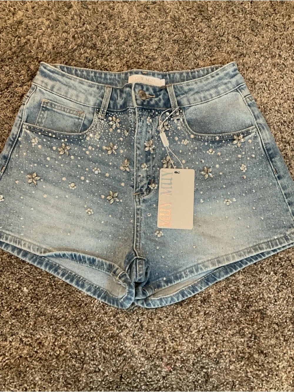 1118 - MUY MUY Floral Rhinestone Denim High Waisted Shorts Y2K Vintage - NEW - L